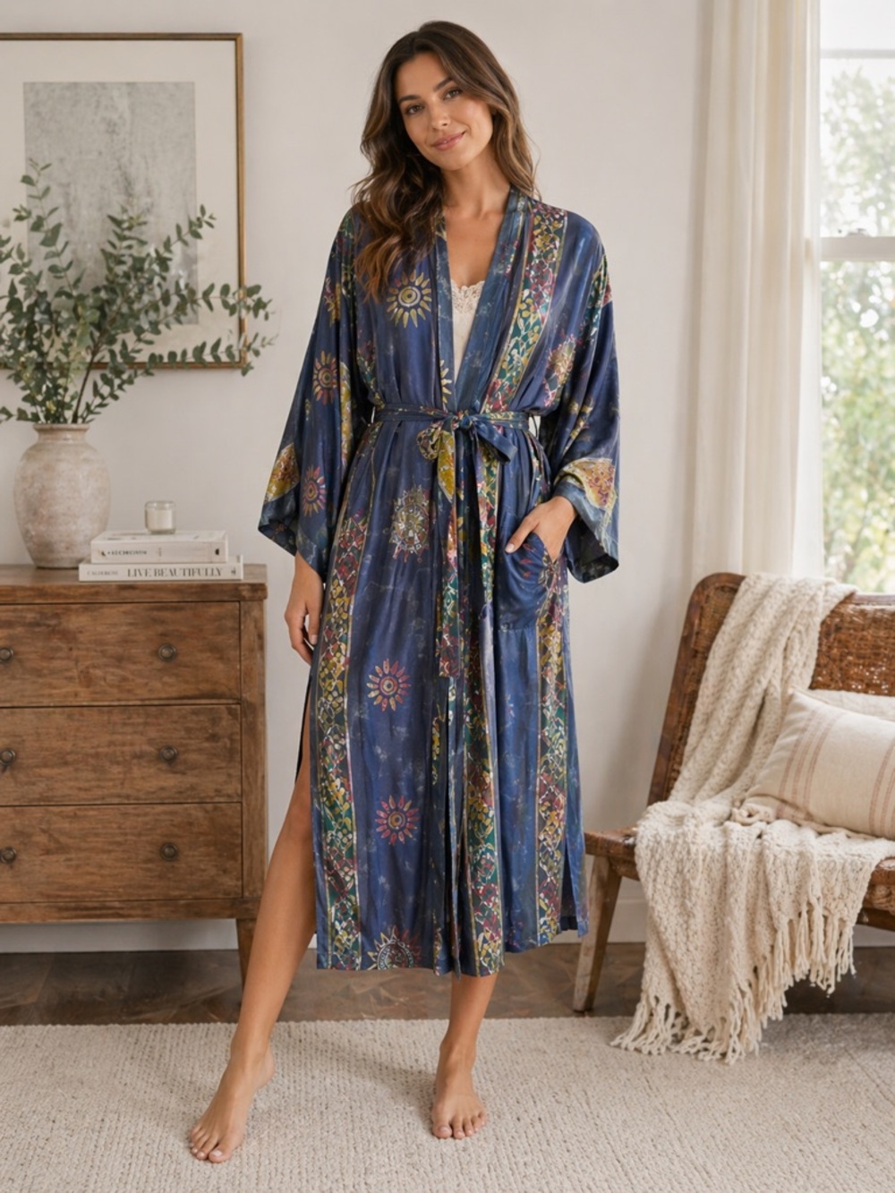 Novica Handcrafted Batik Robe – Blue  Kimono Style – Boho Loungewear